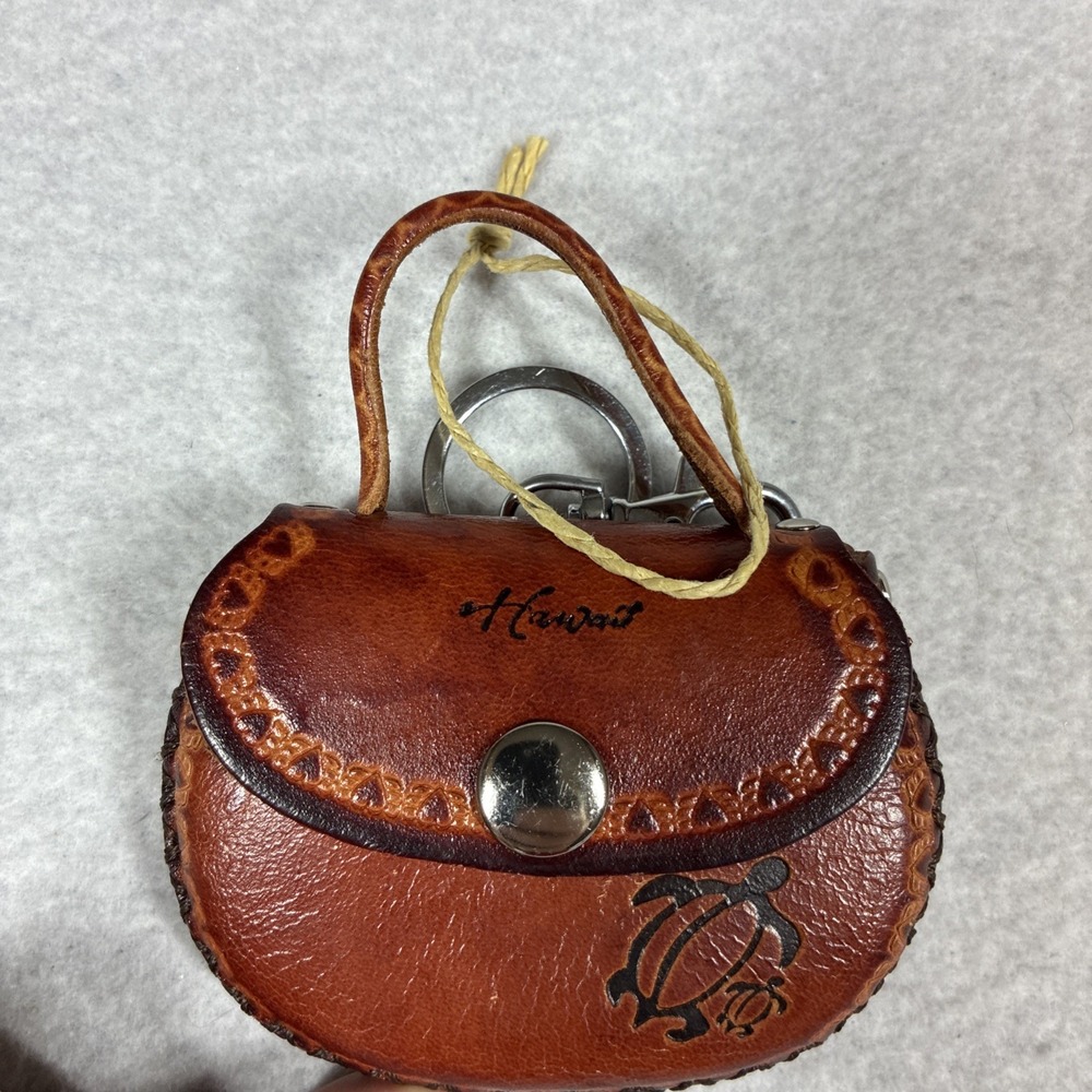 Hawaii Dark Leather Mini Coin Purse Hand Tooled Sea Turtle Snap Closure